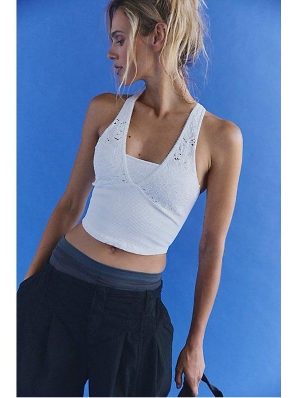 FP Movement Far Out Cami White Lace Ribbed Racerback Crop Tank Size S